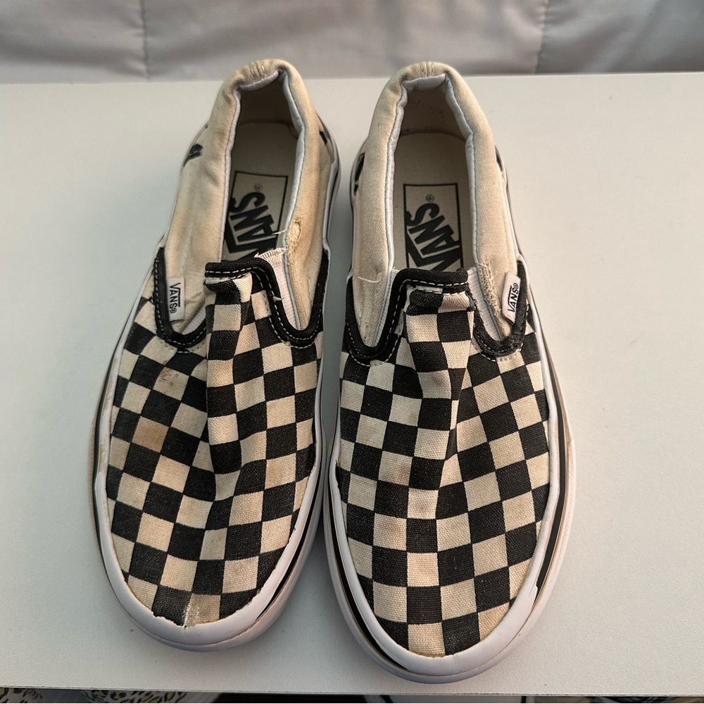 Vans Black and Cream Checkerboard Slip-Ons